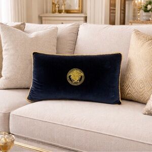 Gianni Versace Decorative Pillow Gold Embroidered Medusa Blue Velvet Designer